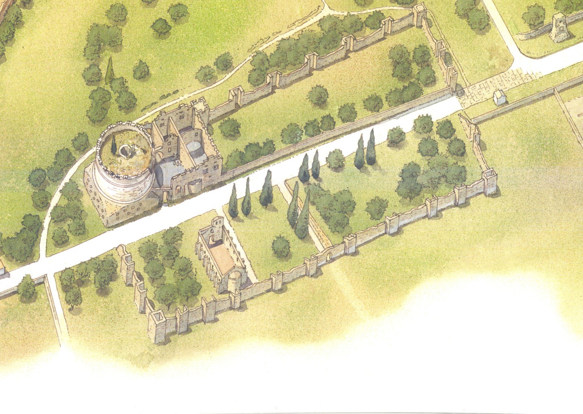 Disegno rappresentante una veduta dall'alto del Castrum, del mausoleo e della Via Appia  