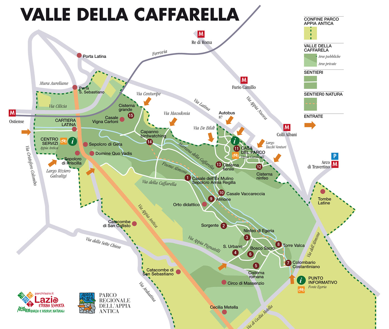 la mappa mostra l'area del parco della Caffarella e vengono indicati i monumenti, i sentieri, le strade principali e le entrate al parco. 
Al numero 11 corrisponde la casa del parco (casale Vigna Cardinali)