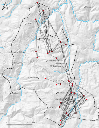 Layout dell'analisi di intervisibilità tra i castellieri dell'area di indagine. Viewpoints: castellieri/hillforts; Input raster: DEM 10X10m; raggio dell'analisi: 10 km; observer and target height: 3m. 